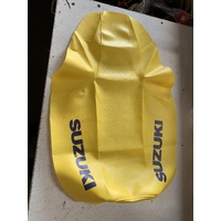 SUZUKI DS 80 YELLOW VINYL VINAL SEAT COVER STAPPLE ON WITH BLUE LETTERING