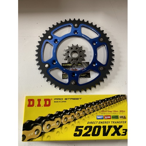 KTM 50 T BLUE REAR 14 FRNT SPROCKET STEALTH 300 DID VX3 GOLD 520 XRING HUSKY BERG