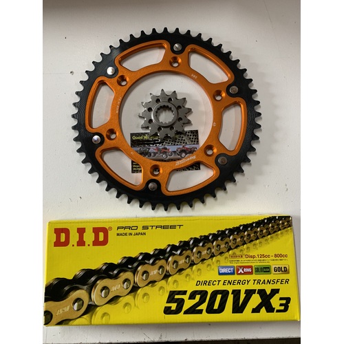 KTM 48 REAR 13 FRONT SPROCKET STEALTH DID VX3 GOLD 520 XRING CHAIN 250 300 350 450 500 ORANGE