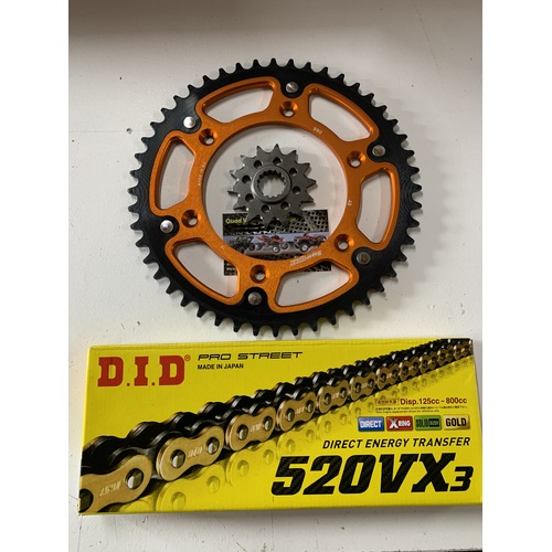 KTM 48 T REAR 14 T FRONT SPROCKET STEALTH 300 DID VX3 GOLD 520 XRING CHAIN 350 450 500 250 125 ORANGE