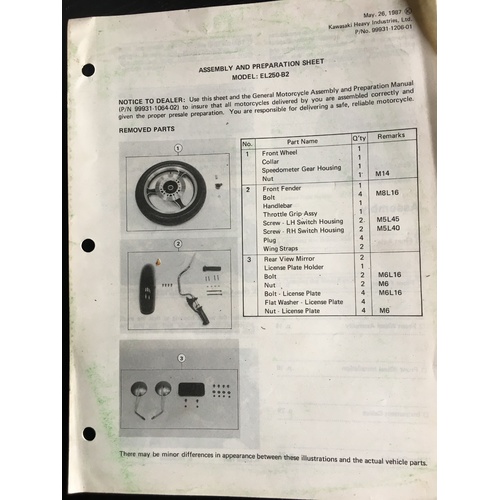KAWASAKI EL250-B2 ASSEMBLY AND PREPERATION SHEETS