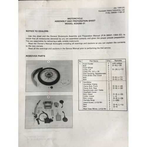 KAWASAKI KLE500-A1 ASSEMBLY AND PREPERATION SHEETS