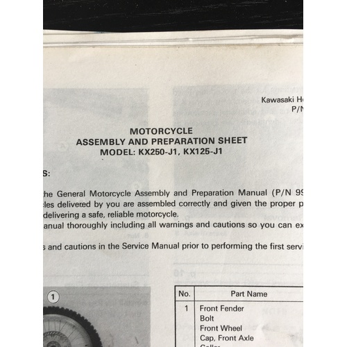 KAWASAKI KX250-J1 KX125-J1 ASSEMBLY AND PREPERATION SHEETS