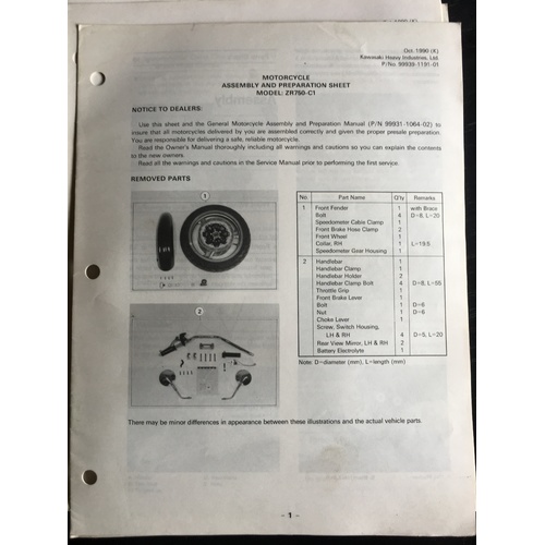 KAWASAKI ZR750-C1 ASSEMBLY AND PREPERATION SHEETS