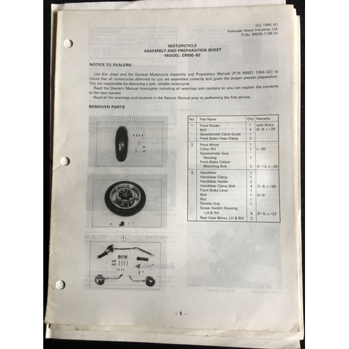 KAWASAKI ZR550-B2 ASSEMBLY AND PREPERATION SHEETS