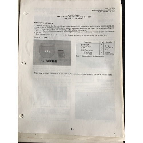 KAWASAKI ZX750-L1/M1 ASSEMBLY AND PREPERATION SHEETS