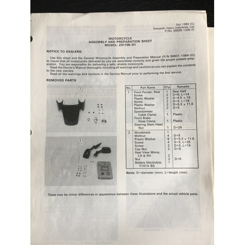 KAWASAKI ZX1100-D1 ASSEMBLY AND PREPERATION SHEETS