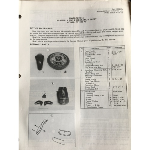 KAWASAKI ZG1000 A9 ASSEMBLY AND PREPERATION SHEETS