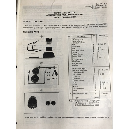 KAWASAKI PORTABLE GENERATER GE4300 GE5000 ASSEMBLY AND PREPERATION SHEETS