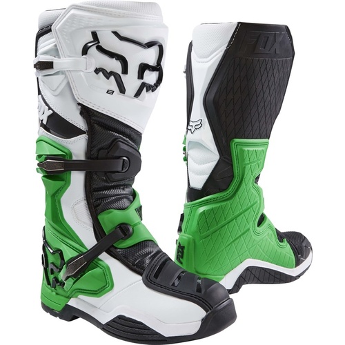 FOX COMP 8 MX BOOTS GREEN WHITE SIZE 12  ON SALE AT A BARGAIN PRICE GET IN QUICK !