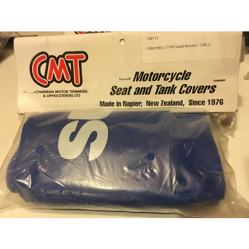 VINYL SEAT COVER SUZUKI ATV QUAD LT 160  BLUE WITH WHITE LOGO 